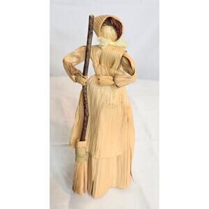 Vintage Corn Husk Doll Woman with Stick Broom 9" Tall